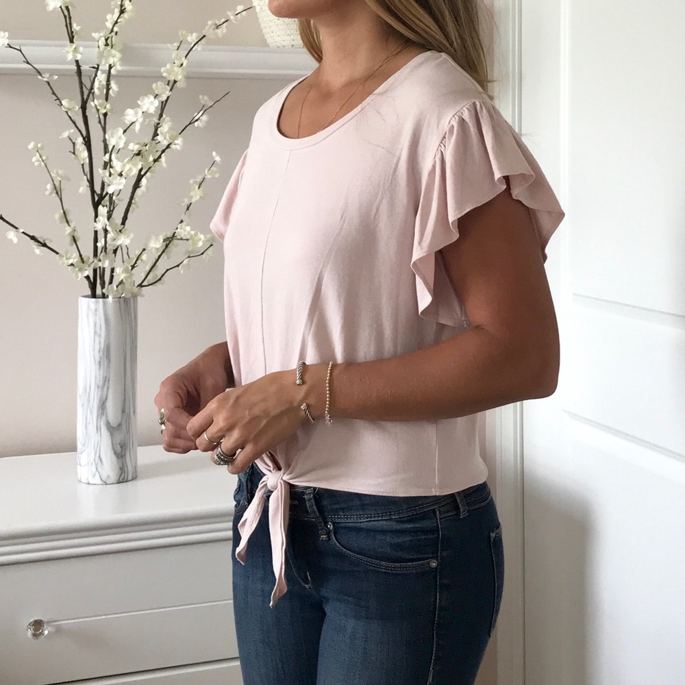 NWOT Blush Pink Ruffle Sleeve Tie Front Top